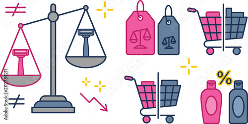 Quadro su tela Pink Tax and Gender Pricing Disparity Vector Icon Set with Scales Razors Shoppin
