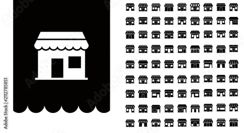 Icon set depicting a storefront on waves beside a dense grid of tiny people icons.