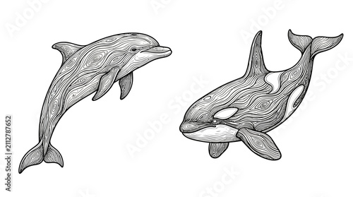 Canvastavla Dolphin and orca are showcased in a stylized graphic illustration that incorporates elegant wave-like patterns throughout their bodies