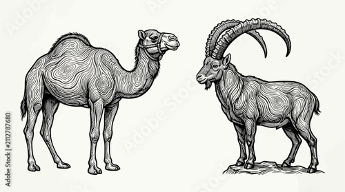 Bild auf Leinwand Camel and ibex are depicted in a sophisticated hand-drawn etched style that highlights the unique anatomical features of these desert and mountain animals