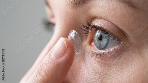 Woman applying soft contact lens into blue eye with applying ophthalmology optician corrective eyesight portrait