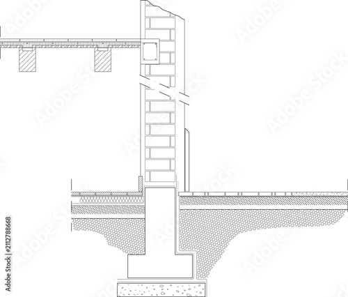 Фотография Technical CAD cross-section of a vertical retaining wall or bridge abutment showing deep foundation footing, horizontal deck support, and material hatching