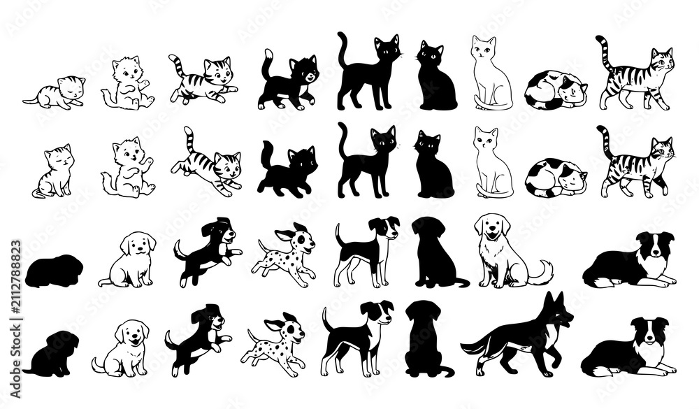 Obraz premium Pet Growth Stages Cartoon Vector Illustration of Cats and Dogs from Baby to Adult
