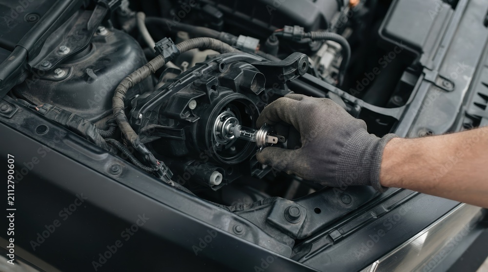 Fototapeta premium Mechanic changing a car headlight bulb in the engine bay of a vehicle for maintenance and repair