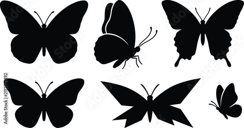 Bild auf Leinwand Beautiful Butterfly Silhouette Icon Set Featuring Open and Side View Wing Spans