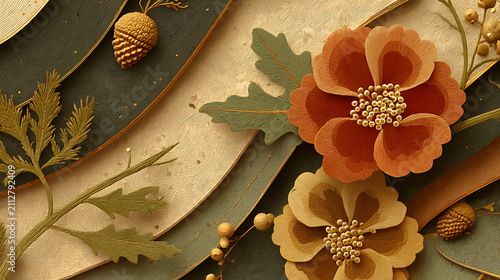 Elegant Floral Composition With Gold And Autumnal Leaves On Textured Paper Background