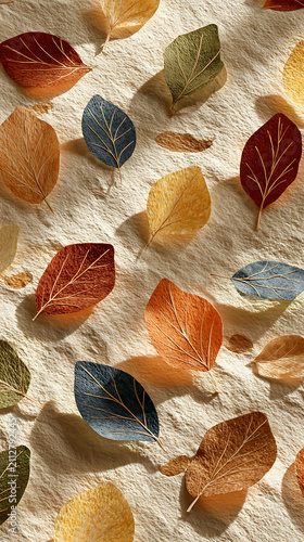 Colorful Glittering Autumn Leaves Scattered On White Textured Surface Under Soft Warm Sunlight