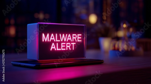 Malware alert warning on a computer screen. Digital cyber security threat notification.