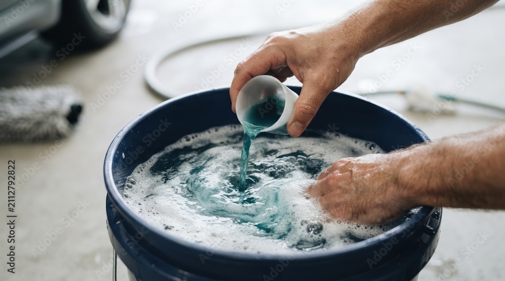 Obraz premium Man pouring blue car wash soap into a bucket of water preparing to wash his vehicle at home