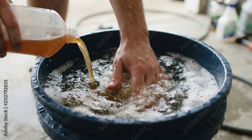Fototapeta premium Adult male pouring car wash soap from plastic bottle into soapy water bucket in garage for detailing