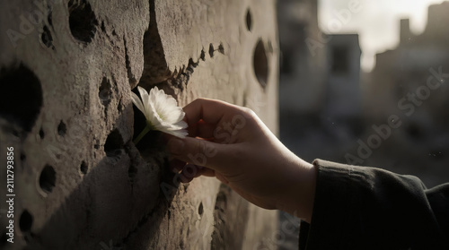 Hand Placing White Flower into Damaged Wall Symbol of Peace Resilience
