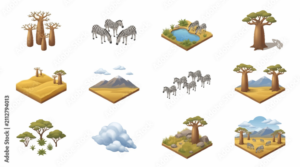 Obraz premium Colorful isometric illustrations of African wildlife and landscapes.