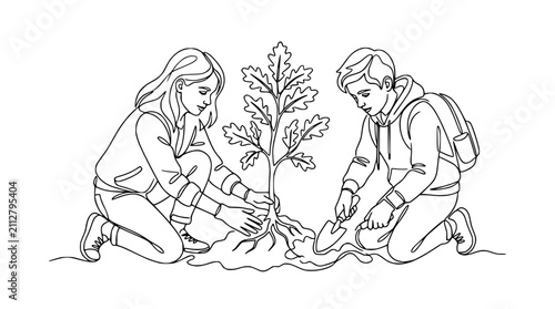 Children planting a young oak tree, environmental conservation and nature concept, line art illustration
