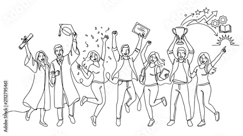Graduation Celebration: Diverse Students Cheering with Diplomas, Trophy, and Confetti