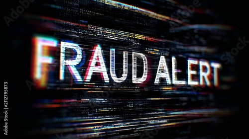 Fraud alert text on digital screen. Cyber security warning with glitch effect.