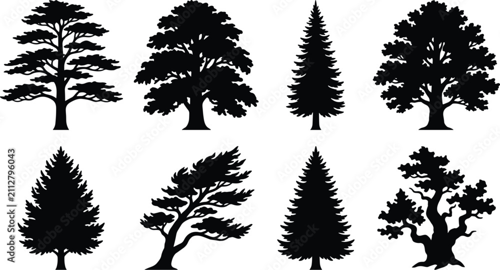 Fototapeta premium Tree Silhouette Vector Collection Featuring Pine Oak Cedar and Bonsai Trees Isolated for Nature Landscape Design