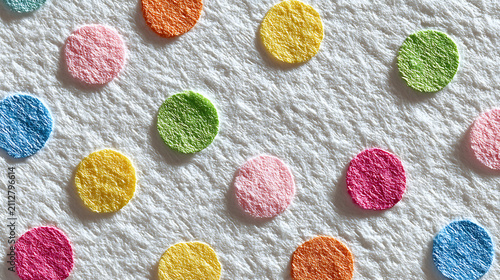 Colorful Round Sugar Candies Scattered On A White Textured Paper Surface Macro Close Up Shot