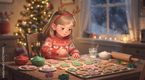 Little girl decorating Christmas cookies.