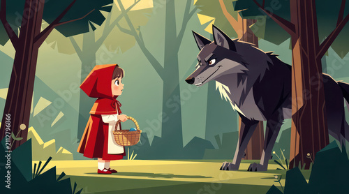 Little Red Riding Hood meets wolf.