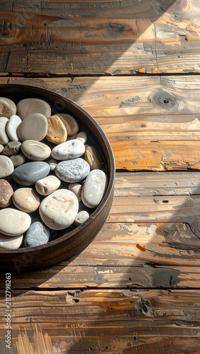 Decorative Pebbles in Wooden Bowl on Rustic Wooden Surface