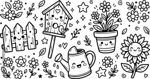 Cute hand drawn garden elements set with birdhouse flowers fence and watering can doodle
