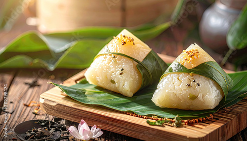Traditional Asian Sticky Rice Dumplings Wrapped in Banana Leaves