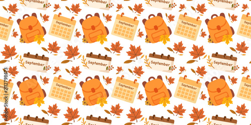 school autumn backpack and calendar monthly planner seamless pattern