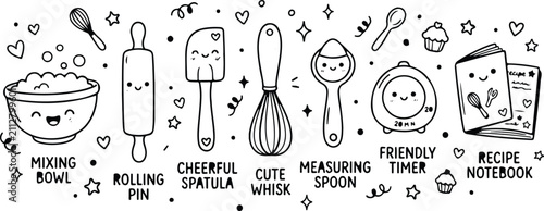 Cute hand drawn kitchen baking tools with funny faces including a mixing bowl rolling pin spatula whisk measuring spoon and timer