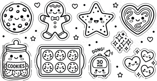 Cute hand drawn collection of christmas cookies gingerbread man star and hearts with a cookie jar and baking tray in black outline