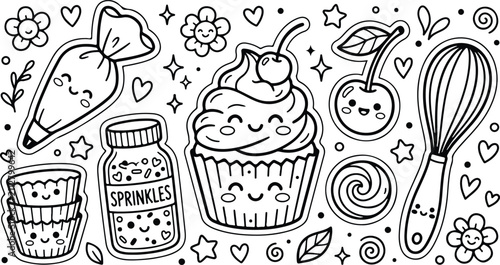фотографія Cute doodle set of baking tools and sweet treats like cupcake cherry and sprinkl