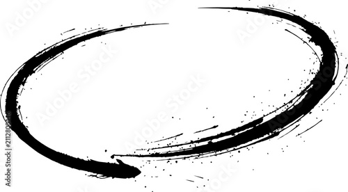 Dynamic black ink brush stroke oval frame with paint splatter texture