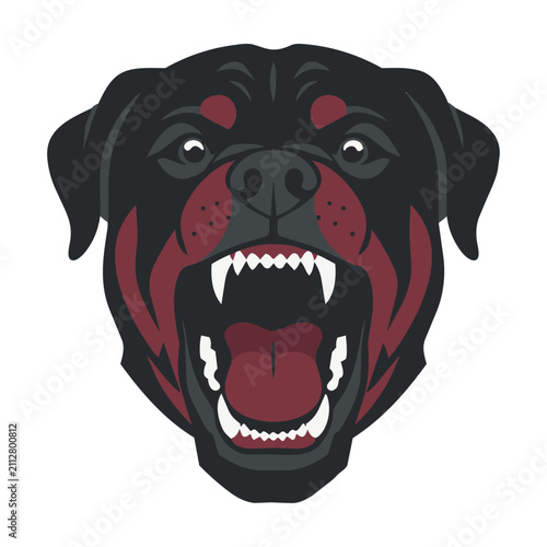 Stylized snarling rottweiler head with a fierce expression and sharp teeth on a white background, canine portrait design concept