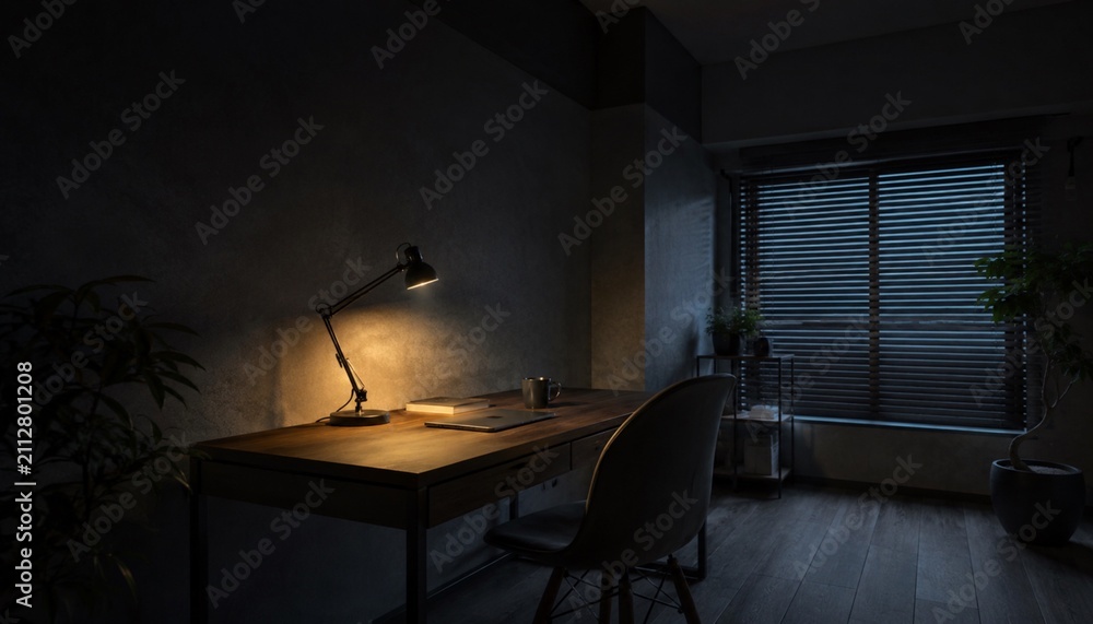 Fototapeta premium Dark home office desk illuminated by a warm reading lamp
