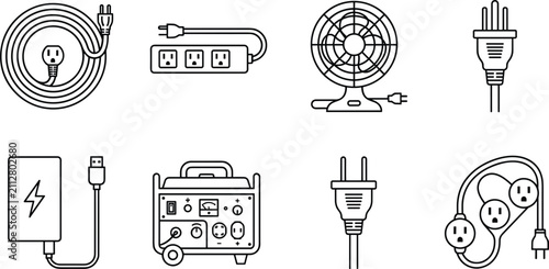 Quadro su tela Black outline household electrical appliance vector icon set featuring extension