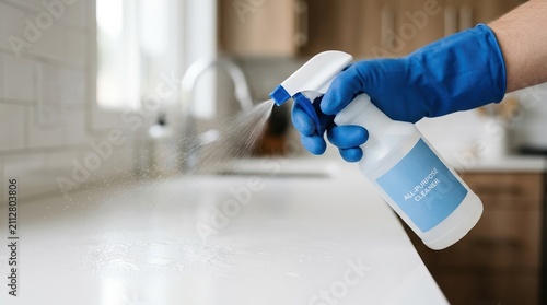 Person wearing blue rubber gloves spraying all-purpose cleaner on a white kitchen countertop