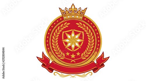 Ornate red and gold heraldic emblem with crown and laurel wreath.