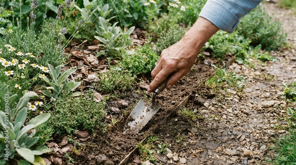 Fototapeta premium Elderly woman digging soil with a garden trowel in her backyard herb garden to plant herbs