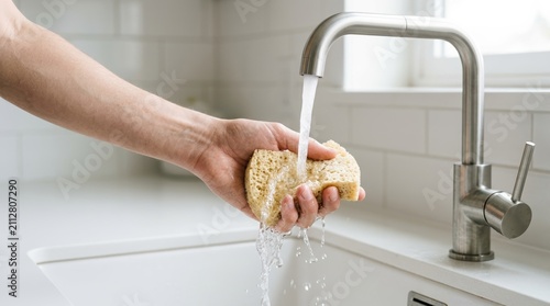 Close-up of a Caucasian woman rinsing a sponge under a kitchen faucet with running water into a sink