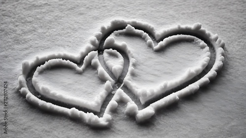 Two interlocking heart shapes carved in snow symbolizing love, romance, and emotional connection in winter