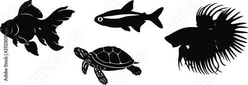 Foto Aquarium Pet Silhouette Vector Set Featuring Detailed Black Icons of Goldfish, N