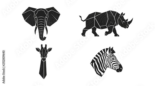 Quadro su tela Animals including elephant and rhino and giraffe and zebra appear as stylized geometric compositions designed to serve as bold graphic elements for wildlife preservation or educational materials