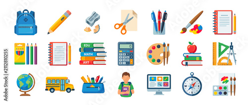 Collection of colorful school and art supplies on white background