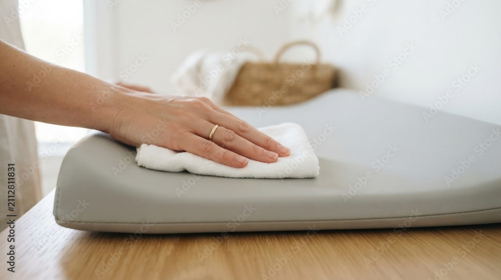 Fototapeta premium Woman wiping down a clean baby changing pad with a white cloth to maintain nursery hygiene