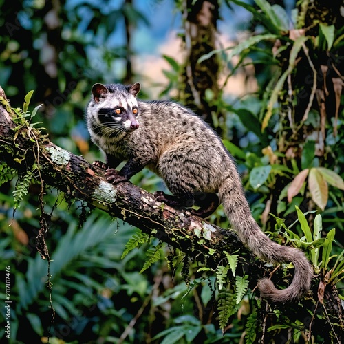 Masked Palm Civet on Rainforest Tree Branch