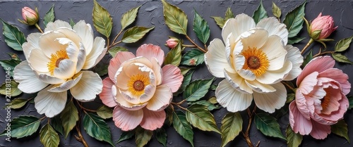 Elegant White and Pink Peonies with Green Leaves on Dark Background