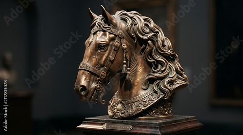 An exquisite bronze sculpture of an ornate horse head bust with a detailed bridle and flowing mane, displayed on a pedestal inside a museum gallery.