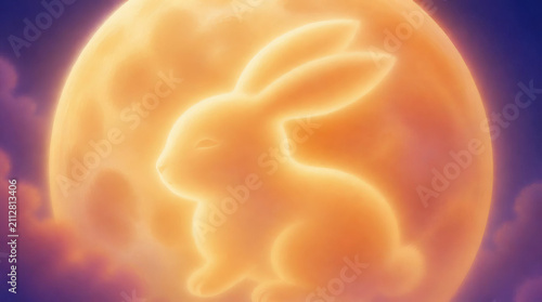Glowing Rabbit Silhouette Against Full Moon Night Sky Illustration