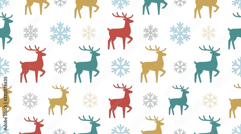 Fototapeta premium Seamless pattern with colorful reindeer and snowflakes for festive designs