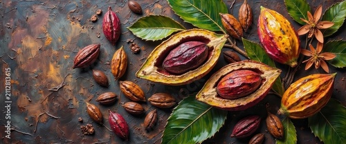 Assorted dried fruit seeds and leaves on rustic textured surface