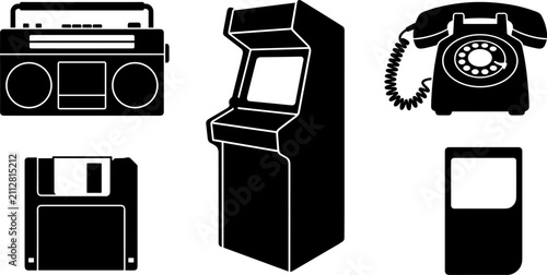 Foto Retro Technology and Nostalgic Gadgets Silhouette Icon Set with Boombox Arcade C